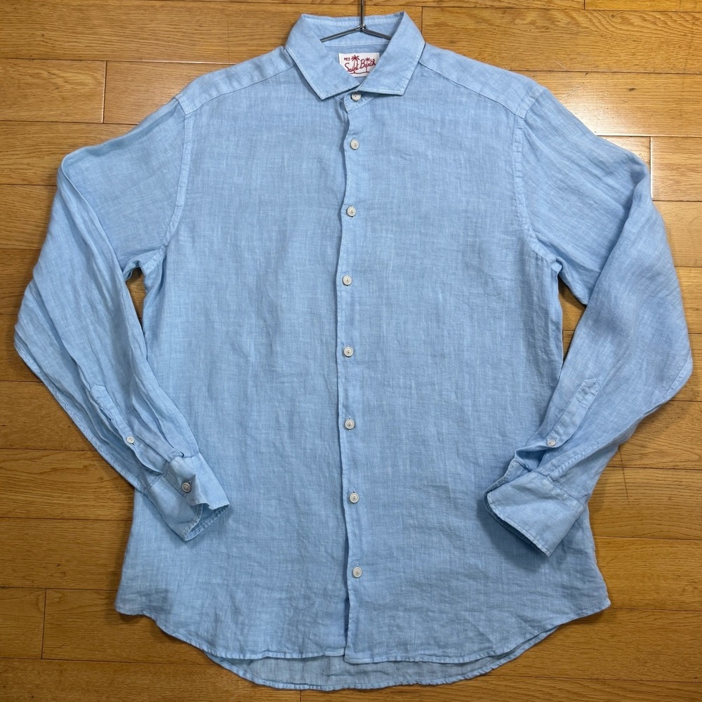 MC2 Saint Barth Mens LARGE Light Blue 100% Linen Button Down Shirt Made in Italy